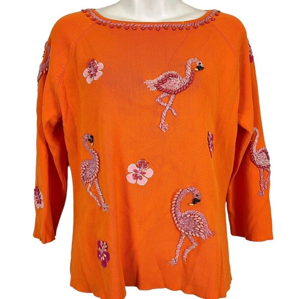 Belle Pointe Womens Orange Pink Embroidered Beaded Flamingo Shirt Knit Top sz M